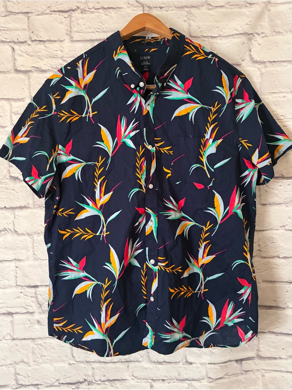 J. Crew Navy Tropical Print Short-Sleeve Button-Up Shirt XXL